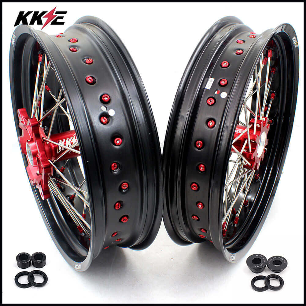 KKE 17 Inch OEM Size Supermoto Wheels for Honda XR650L 1993-2022 Red Nipple