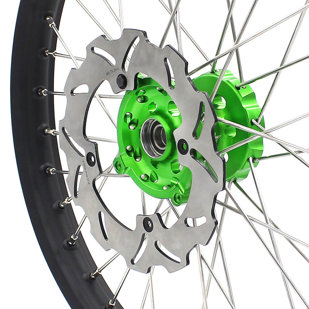 KKE 21/18 ENDURO & 21/19 MX WHEELS RIMS SET FIT KAWASAKI KX125 KX250 1993-2002 CNC GREEN HUB WITH SPROCKET & 250MM 220MM DISC - KKE Racing