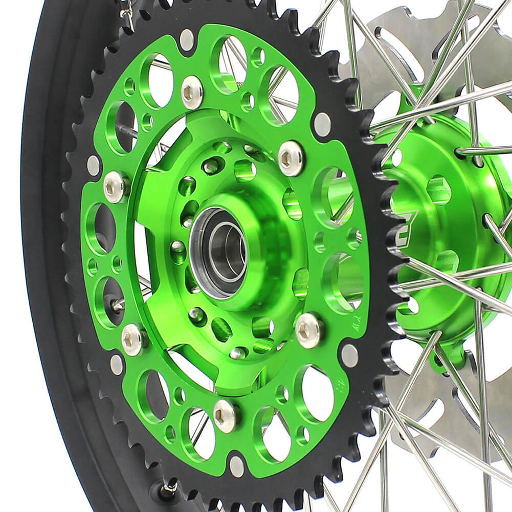 KKE 21/18 ENDURO & 21/19 MX WHEELS RIMS SET FIT KAWASAKI KX125 KX250 1993-2002 CNC GREEN HUB WITH SPROCKET & 250MM 220MM DISC - KKE Racing