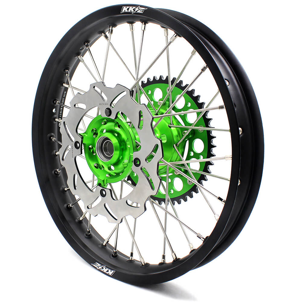 KKE 21/18 ENDURO & 21/19 MX WHEELS RIMS SET FIT KAWASAKI KX125 KX250 1993-2002 CNC GREEN HUB WITH SPROCKET & 250MM 220MM DISC - KKE Racing