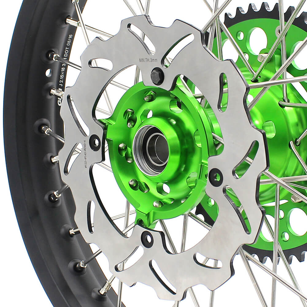 KKE 21/18 ENDURO & 21/19 MX WHEELS RIMS SET FIT KAWASAKI KX125 KX250 1993-2002 CNC GREEN HUB WITH SPROCKET & 250MM 220MM DISC - KKE Racing