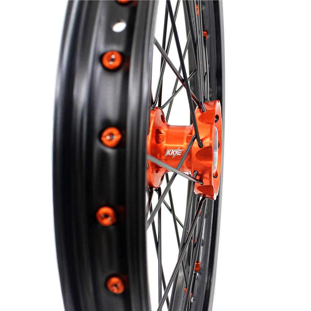 KKE 17/14 Spoked Kid's Small Wheels For KTM SX85 2021-2024 Orange Nipples &  Black Spokes