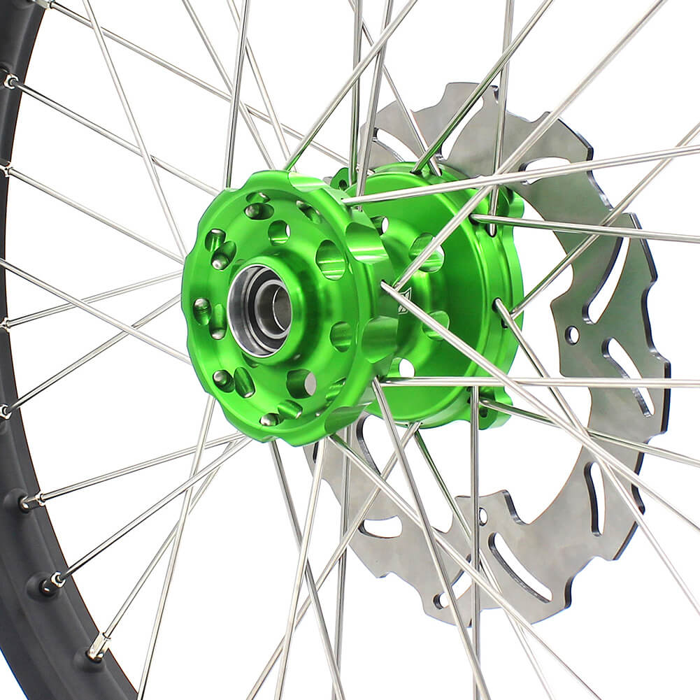 KKE 21/18 ENDURO & 21/19 MX WHEELS RIMS SET FIT KAWASAKI KX125 KX250 1993-2002 CNC GREEN HUB WITH SPROCKET & 250MM 220MM DISC - KKE Racing